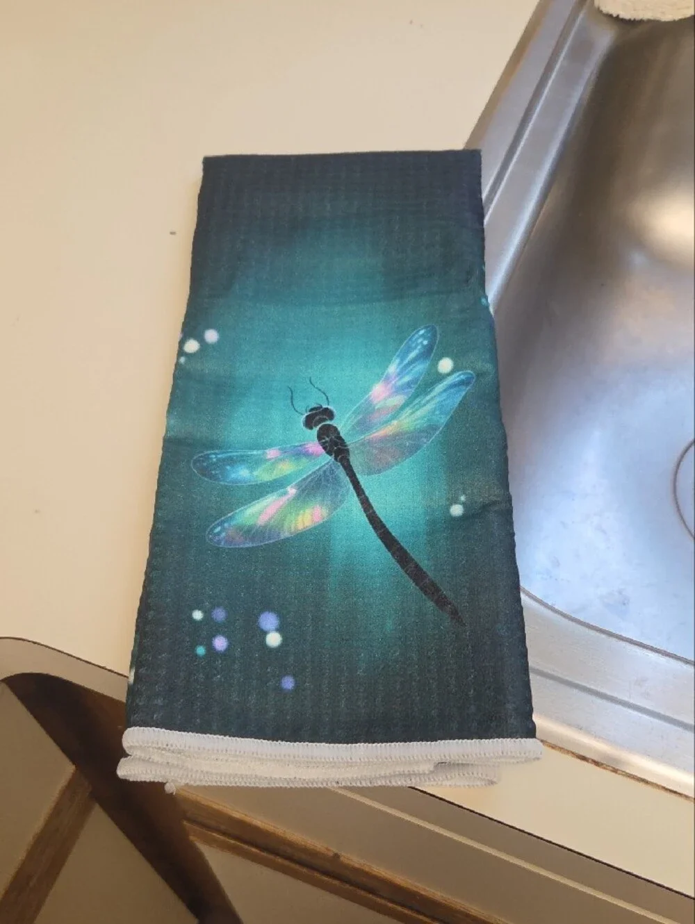 Dreamy Iridescent Dragonfly Kitchen Tea Towels - Teal Blue Design SET OF 2